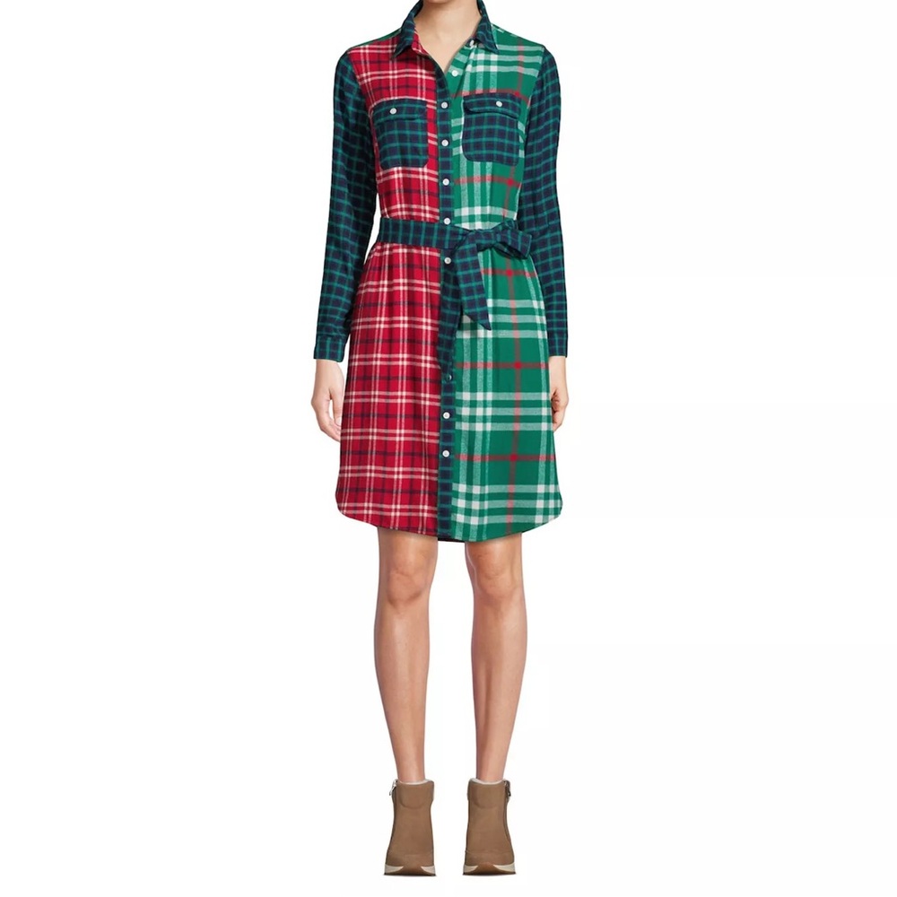 Land’s End Plaid Tartan Flannel Christmas Shirt Shift Dress